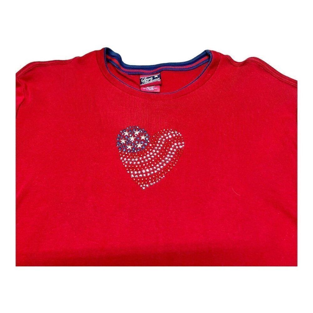 Spirit of America Ladies XL Flag Rhinestone Bling Heart Tshirt Fourth of July